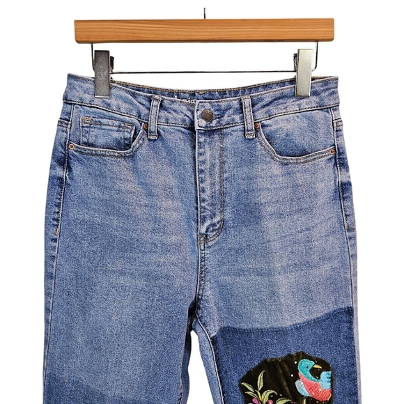 Hippie Denim Boho Embroidered Patchwork Slim Straight Jeans 31 Cropped Unique - Picture 7 of 13